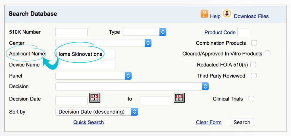 Type the Company or the developer of the light-based hair removal device in the Applicant name field