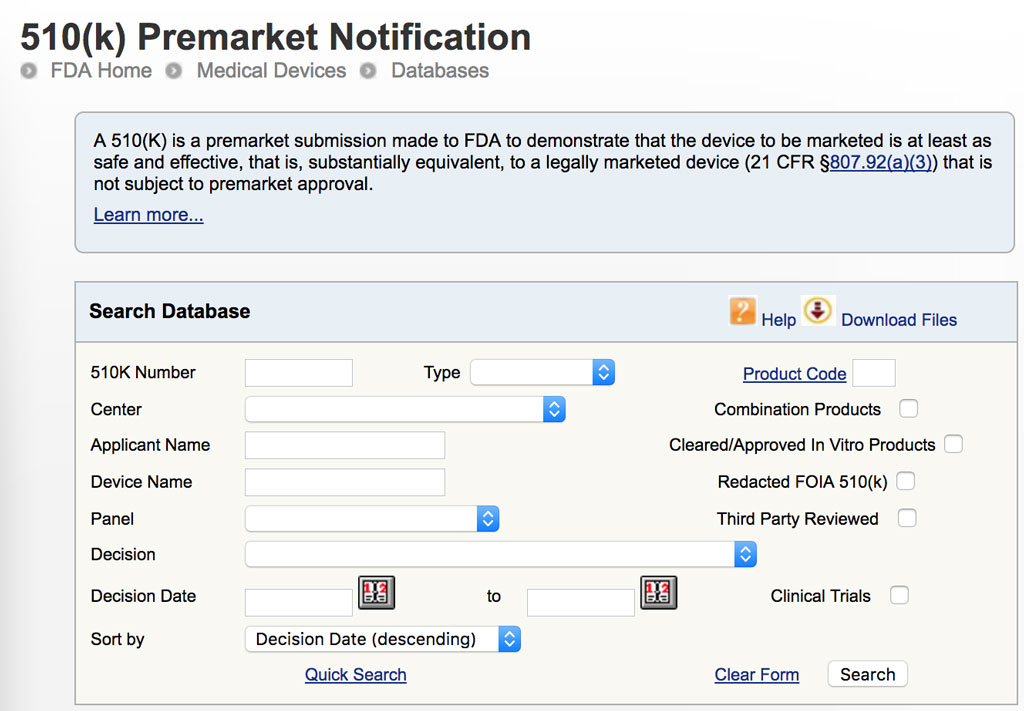 FDA 510(k) Premarket Notification database website